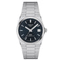 The Tissot PRX Powermatic 80 features a stainless steel case, blue dial with silver markers, date at 3 o’clock, and a sleek silver metal bracelet.