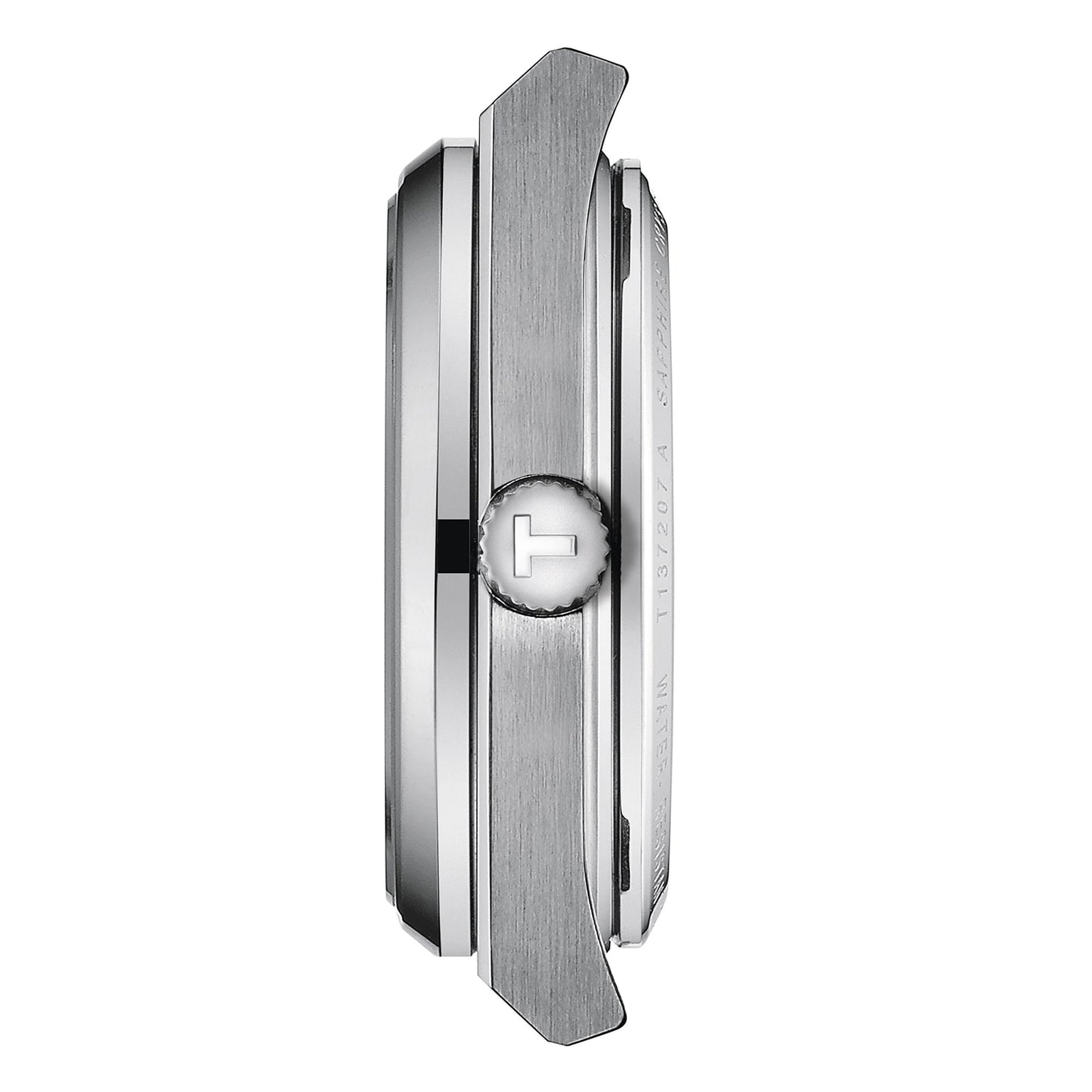 Side view of the Tissot PRX Powermatic 80 case with a metal crown and brushed & polished finishes, showcasing its sophisticated movement against a white background.