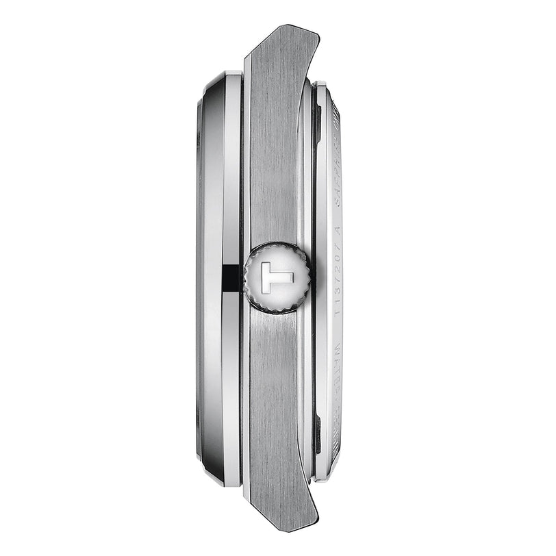 Side view of the Tissot PRX Powermatic 80 case with a metal crown and brushed & polished finishes, showcasing its sophisticated movement against a white background.