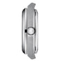 Side view of the Tissot PRX Powermatic 80 case with a metal crown and brushed & polished finishes, showcasing its sophisticated movement against a white background.