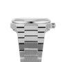 Side view of the Tissot PRX Powermatic 80 stainless steel watch with a metal link bracelet, blue dial, and visible crown displayed on a white background.