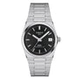 The Tissot PRX Powermatic 80 is a stainless steel watch with a 35mm case, black waffle dial, baton markers, date at 3 oclock, and an integrated bracelet.
