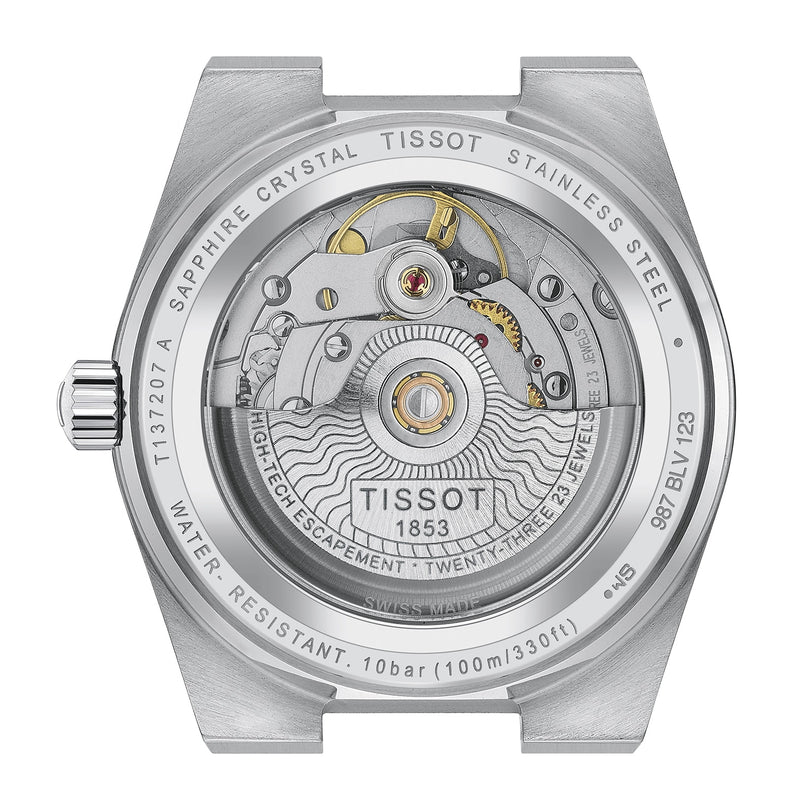 Close-up of the Tissot PRX Powermatic 80s 35mm case back, displaying its automatic movement and labeled with sapphire crystal plus 10 bar water resistance.