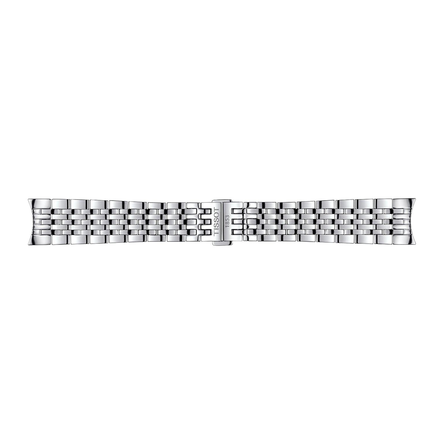 A silver multi-link metal bracelet with a clasp engraved with the Tissot logo, designed to complement your Le Locle Powermatic 80 20th Anniversary automatic watch.