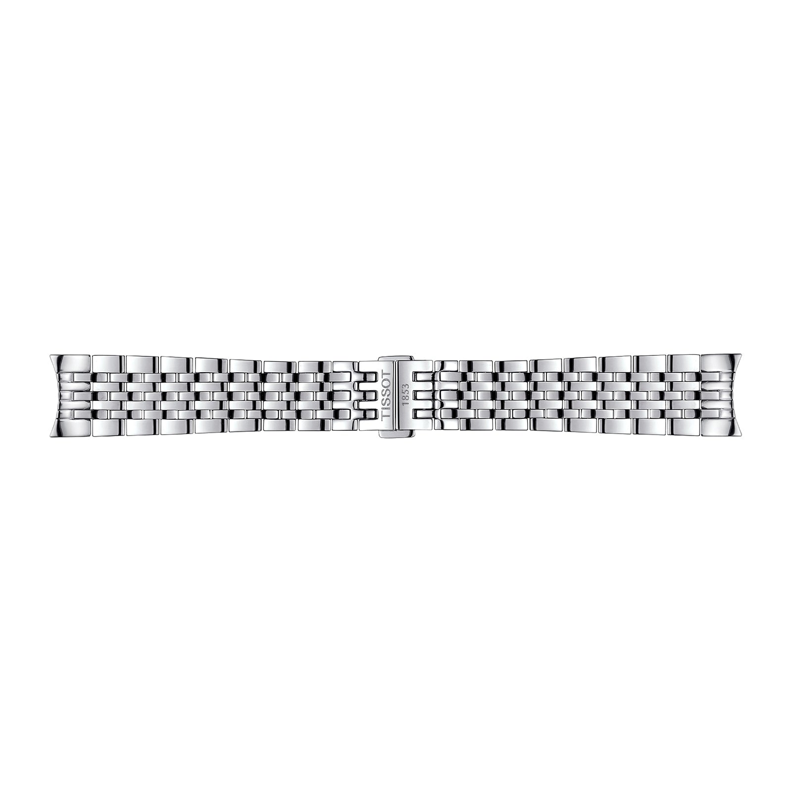 A silver multi-link metal bracelet with a clasp engraved with the Tissot logo, designed to complement your Le Locle Powermatic 80 20th Anniversary automatic watch.