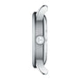 Side view of a silver Tissot Le Locle Powermatic 80 20th Anniversary watch case with a T-shaped crown and curved lugs, highlighting its refined design, isolated on a white background.