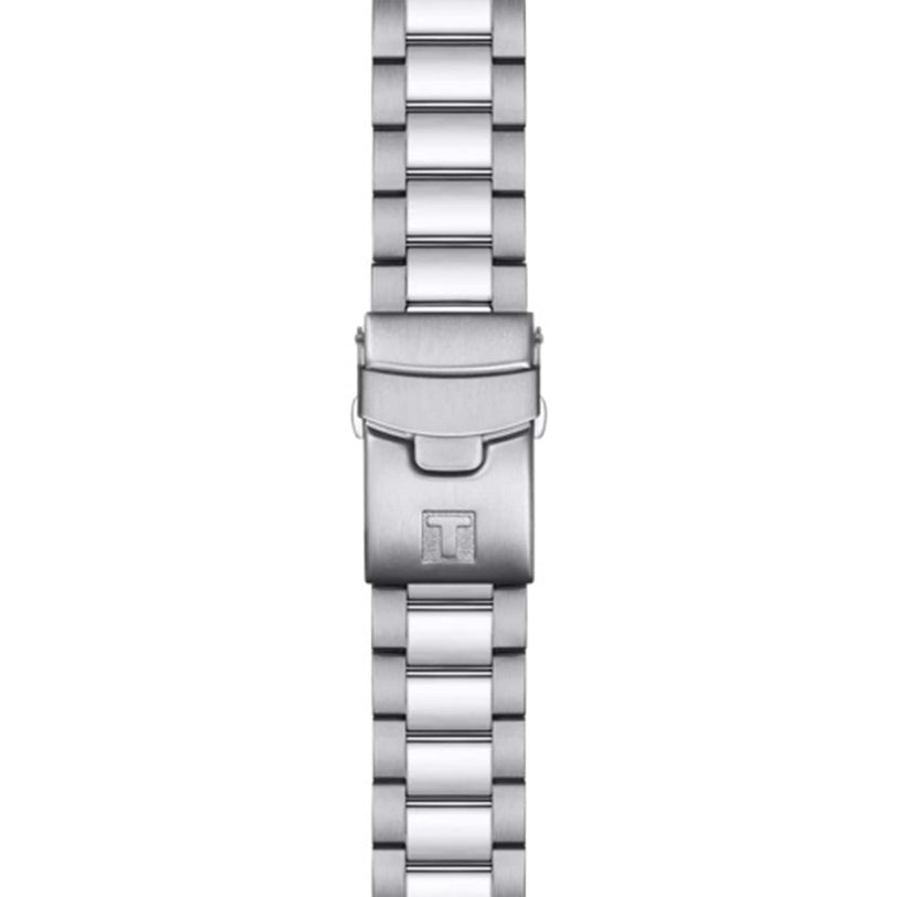 The Tissot Seastar 1000 Powermatic 80 GMT features a stainless steel bracelet with a fold-over clasp and raised T logo, designed for water-resistant and sapphire crystal watches.