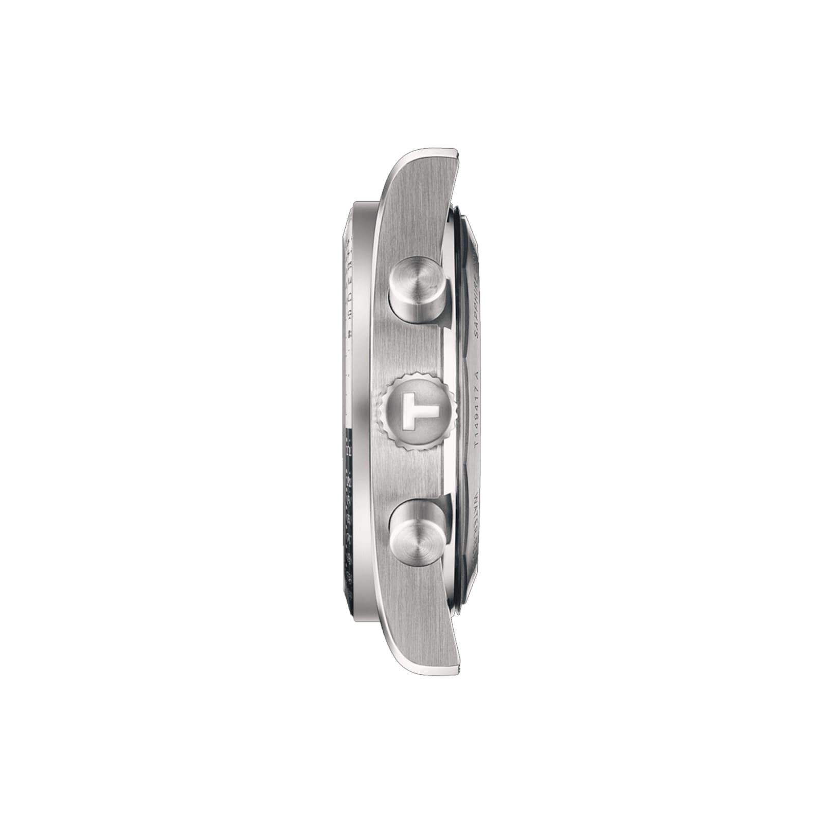 Side view of the Tissot PR516 Chronograph quartz watch in silver, featuring two pushers and a crown with the Tissot T logo, set against a plain white background.