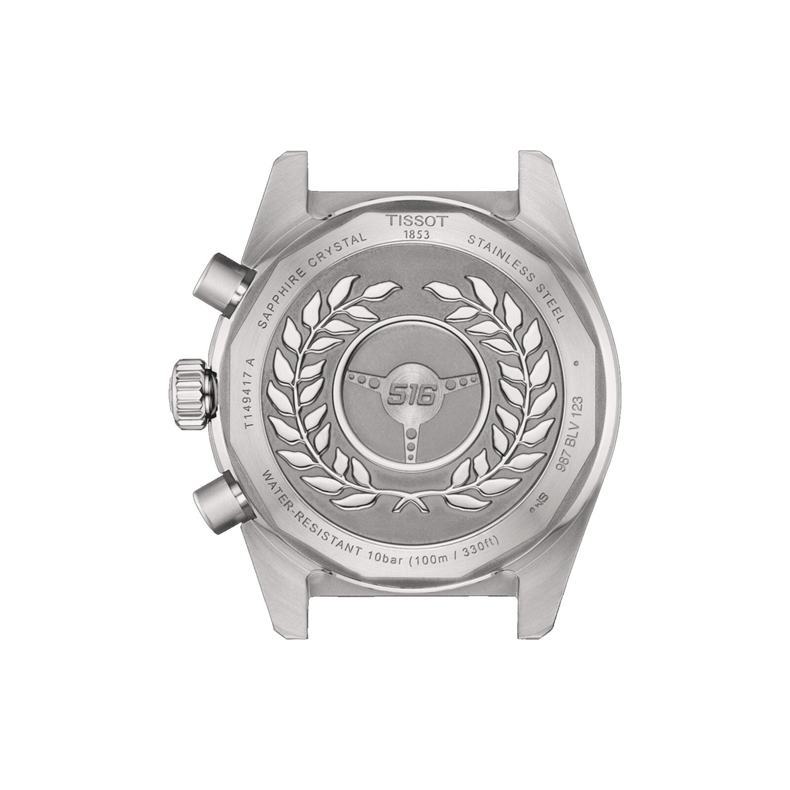 The stainless steel case back of the Tissot PR516 Chronograph features an engraved aviation-themed emblem, laurel wreath, and inscriptions for water resistance and material—distinctive details of this iconic watch.