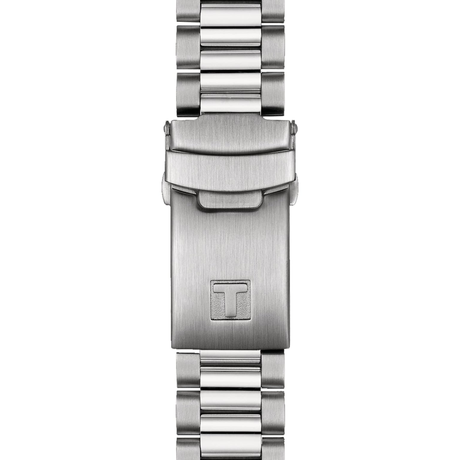 Close-up of the brushed stainless steel clasp with an engraved T logo on the Tissot PR516 Chronograph.