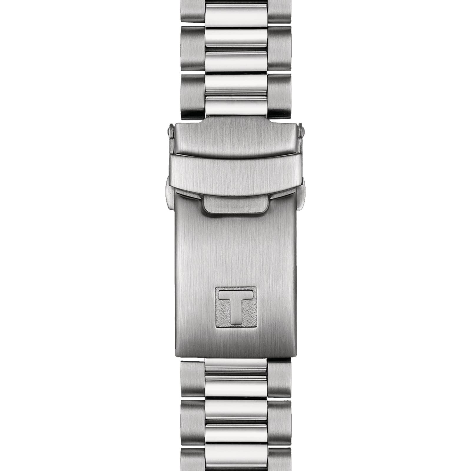 Close-up of the brushed stainless steel clasp with an engraved T logo on the Tissot PR516 Chronograph.