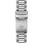 Close-up of the brushed stainless steel clasp with an engraved T logo on the Tissot PR516 Chronograph.