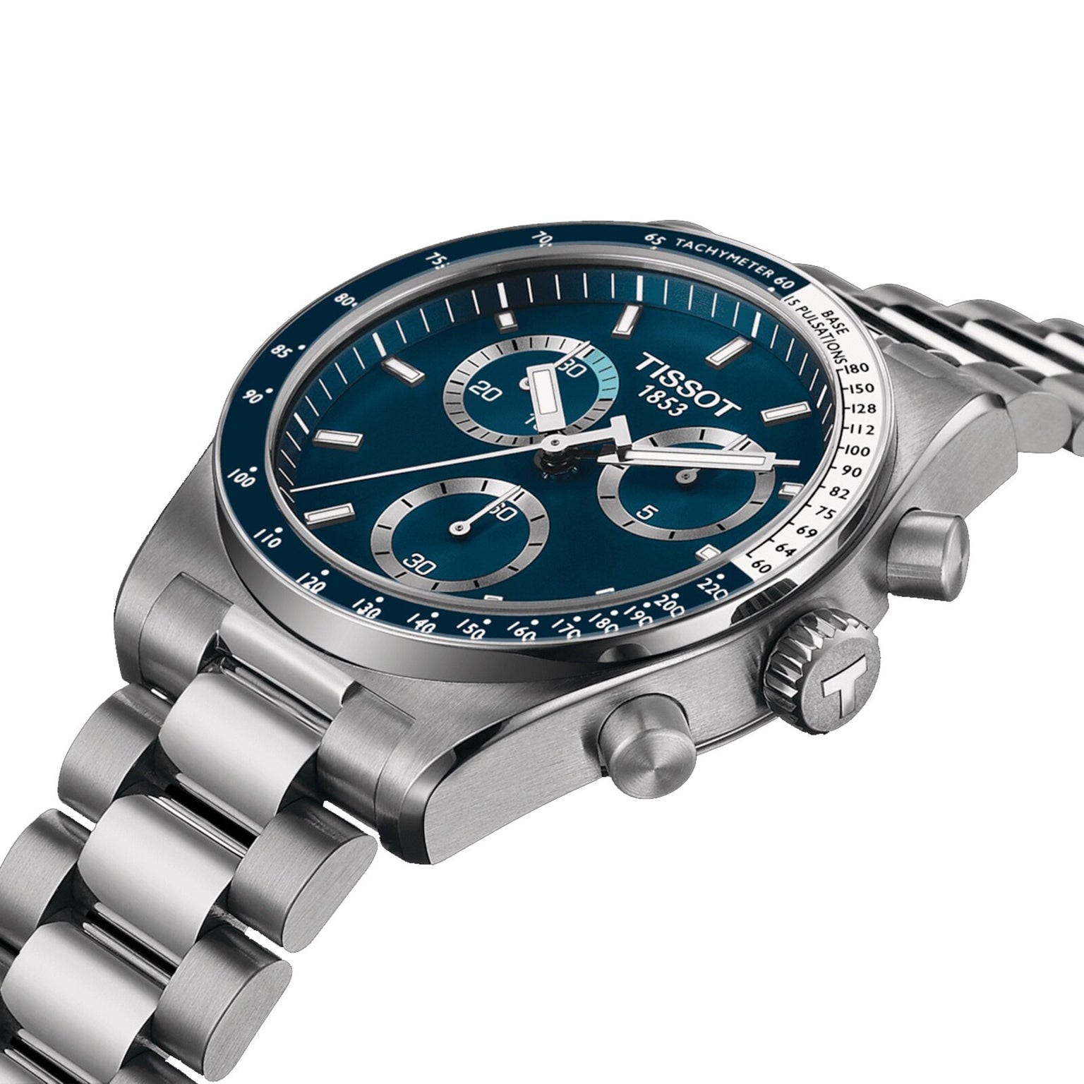 A Tissot PR516 Chronograph with a silver metal bracelet and blue dial, viewed from an angle.