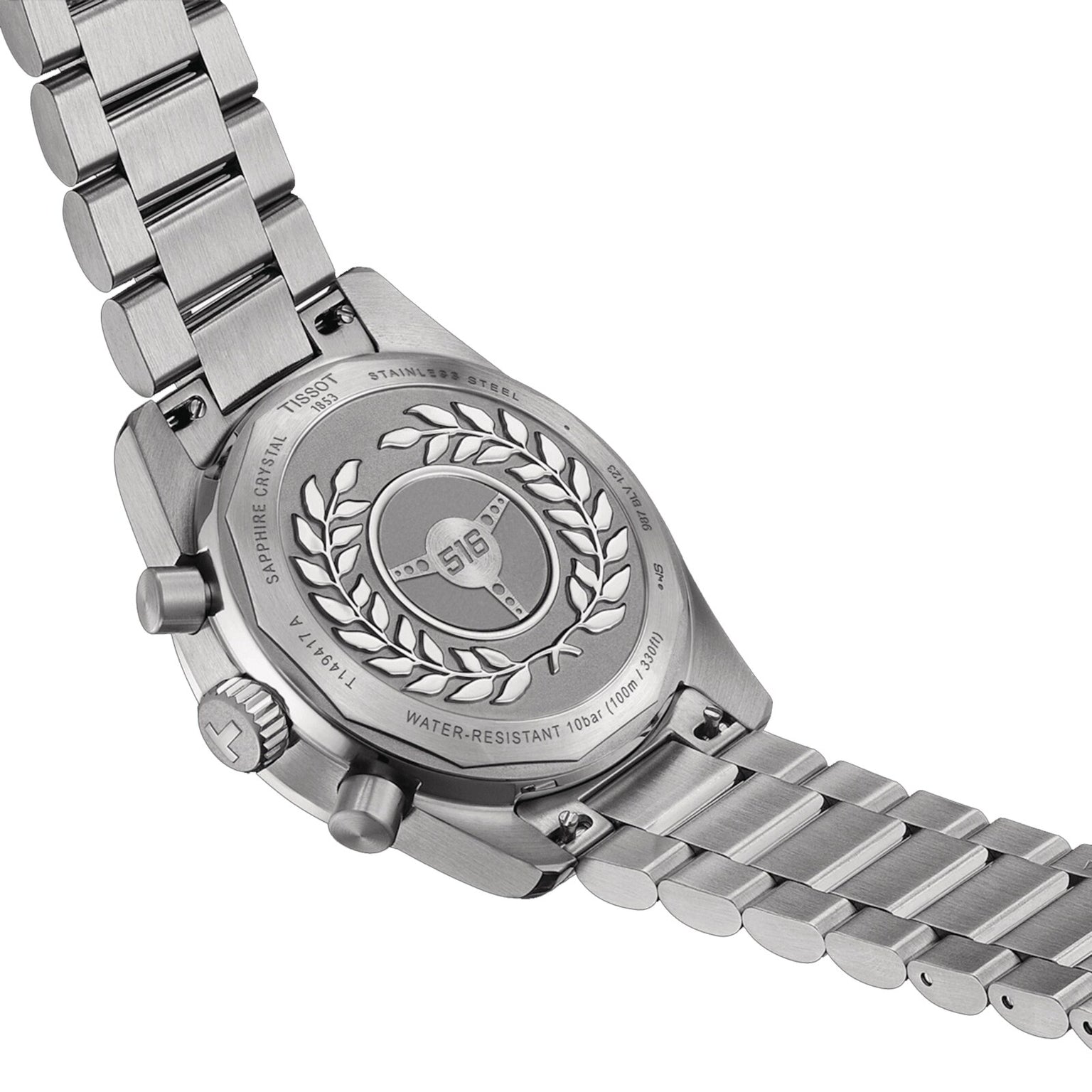 Close-up of the Tissot PR516 Chronograph’s stainless steel caseback, featuring an engraved laurel wreath and 516 logo, displayed on a metal bracelet.