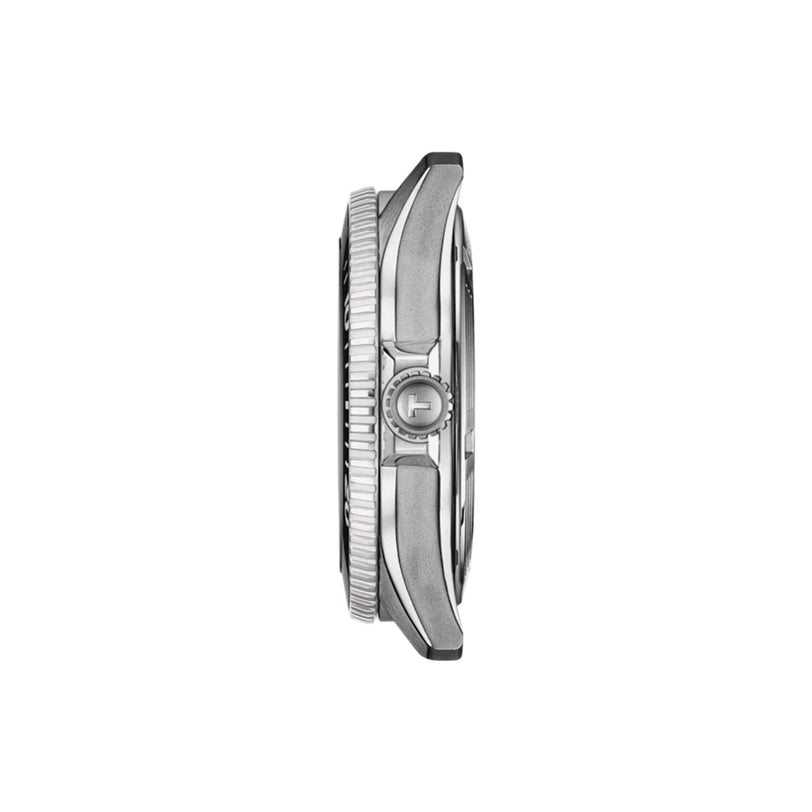 Side view of the Tissot Seastar 1000 Powermatic 80, showcasing its stainless steel case, textured bezel, and prominent crown. Super-LumiNova® accents stand out against a clean white background.