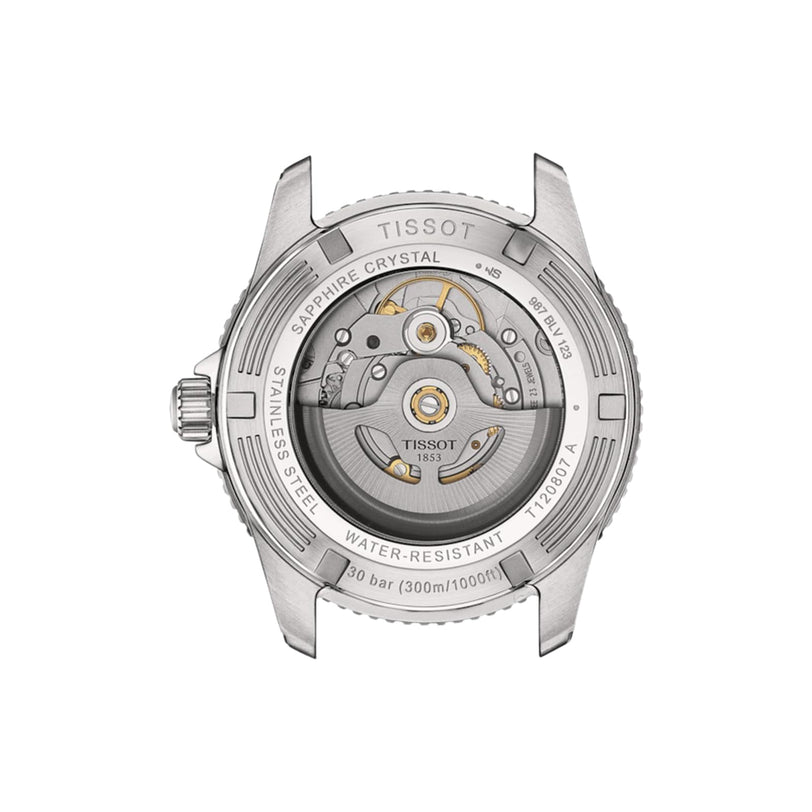 Back view of the Tissot Seastar 1000 Powermatic 80, featuring its automatic movement, visible rotor, Super-LumiNova® highlights, and engraved specs such as water resistance and case material.