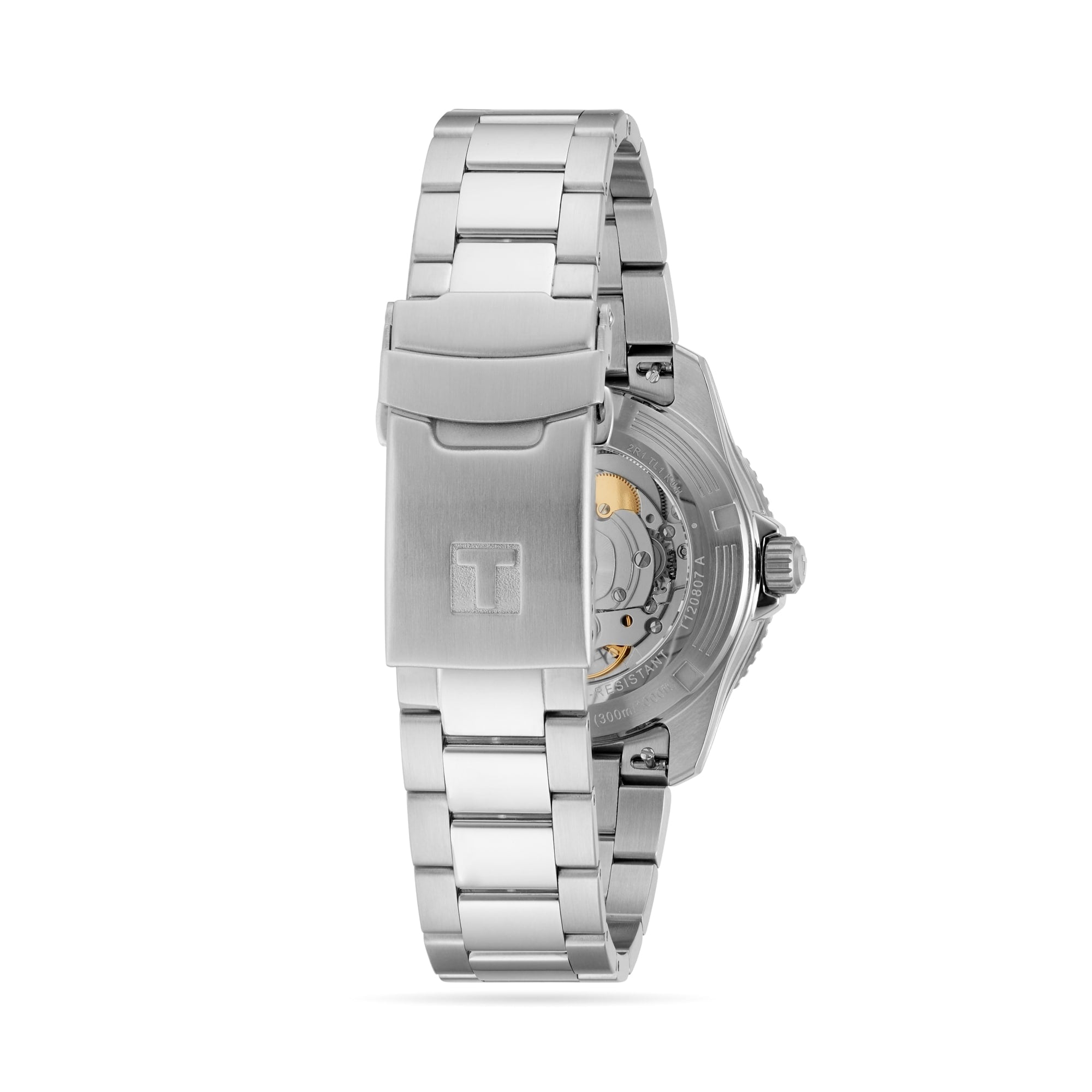 Tissot Seastar 1000 Powermatic 80, 40mm stainless steel wristwatch shown from the back, highlighting the clasp, metal bracelet, and automatic movement partially visible through the case back.