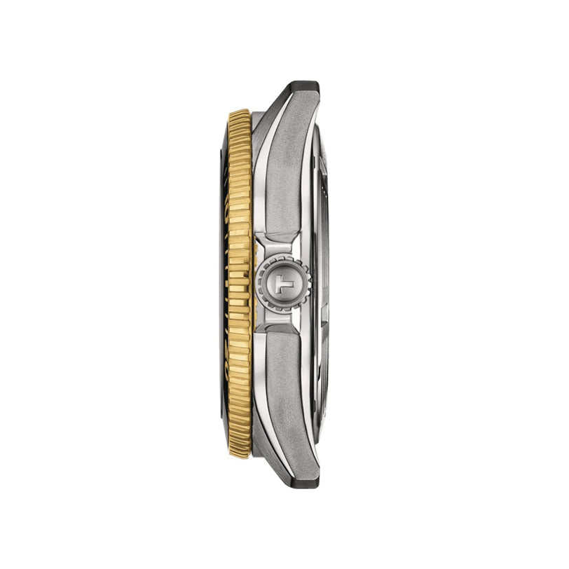 Side view of the Tissot Seastar 1000 Powermatic 80 shows its 40mm silver case, gold ridged bezel, and round crown engraved with a T. Super-LumiNova accents provide outstanding visibility in any lighting conditions.