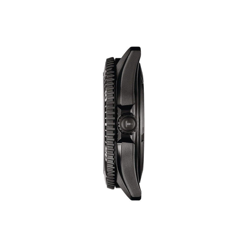 Side view of the Tissot Seastar 1000 Powermatic 80’s black case, featuring a ridged bezel and prominent crown, shown against a white background.
