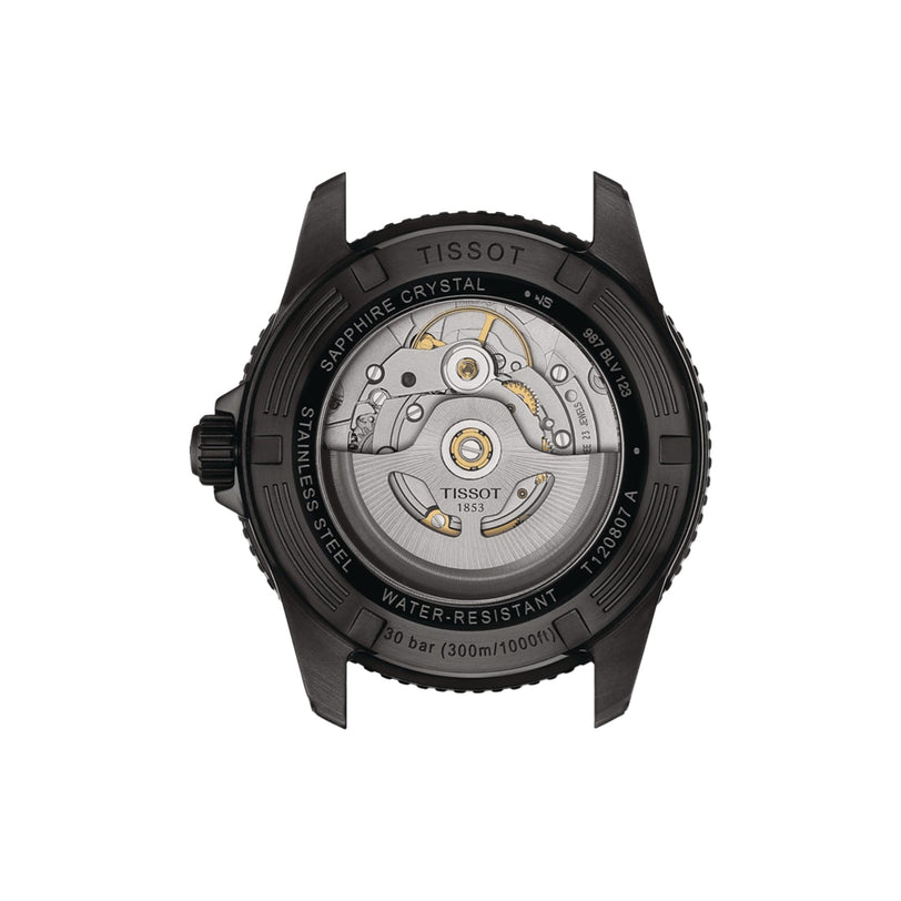 The back view of the Tissot Seastar 1000 Powermatic 80 showcases its automatic movement, sapphire crystal, stainless steel case, and water resistance up to 30 bar (300m/1000ft).