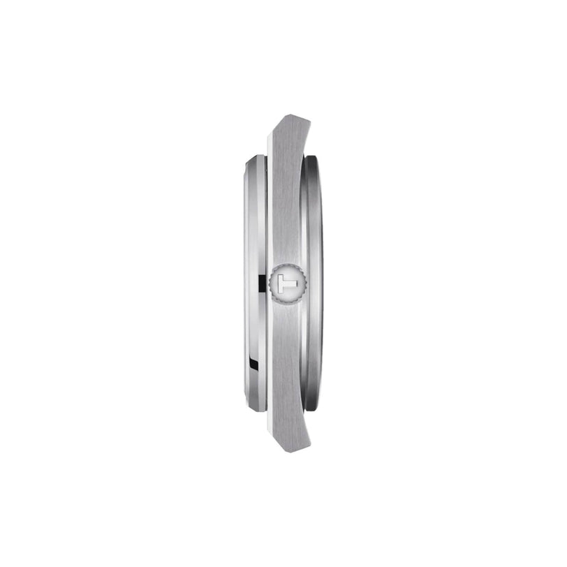 Side view of the slim, round Tissot PRX Powermatic 80 wristwatch with sapphire crystal on a white background, showcasing its crown and minimal bezel thickness.
