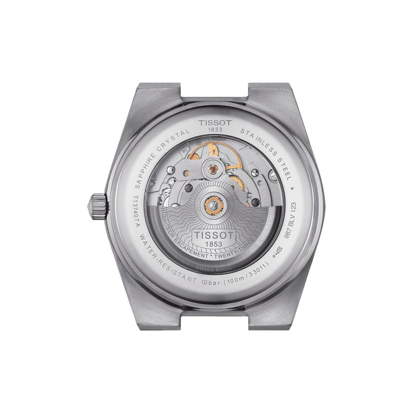 The Tissot PRX Powermatic 80 features an automatic movement visible from the back through its transparent sapphire crystal caseback.