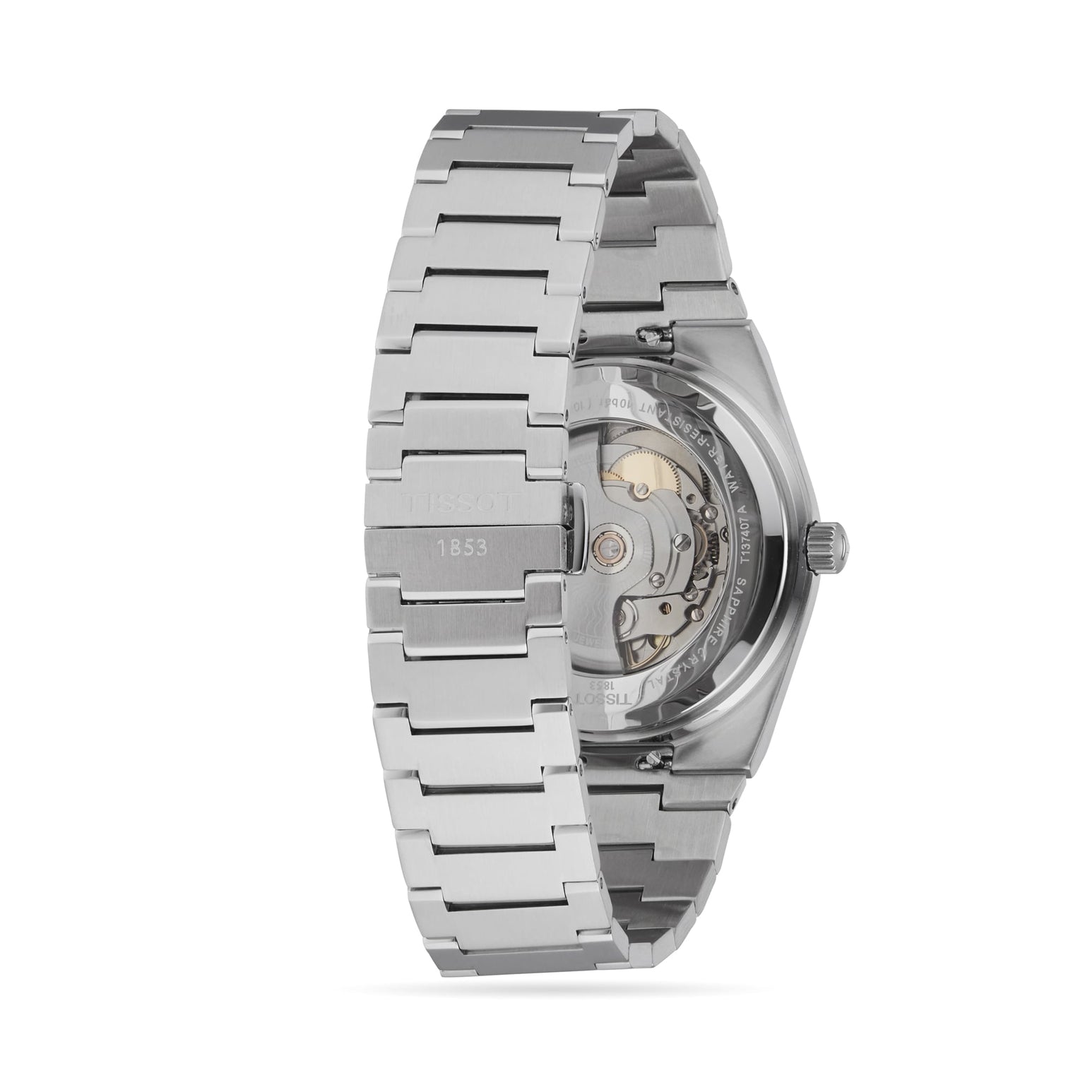 The Tissot PRX Powermatic 80 is a stainless steel wristwatch with an automatic movement, visible through a sapphire crystal case back, and features a detailed bracelet and clasp.