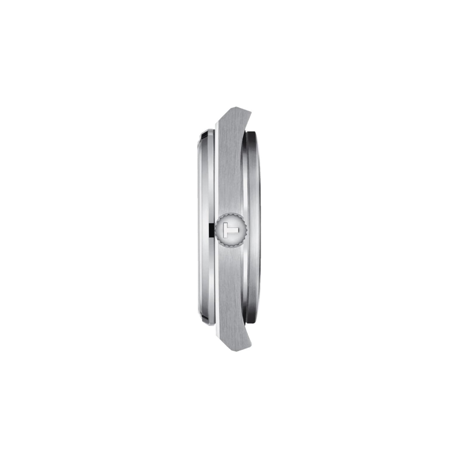 Side view of the Tissot PRX retro watch in silver with a round engraved-logo crown and stainless steel bracelet, displayed against a plain white background.