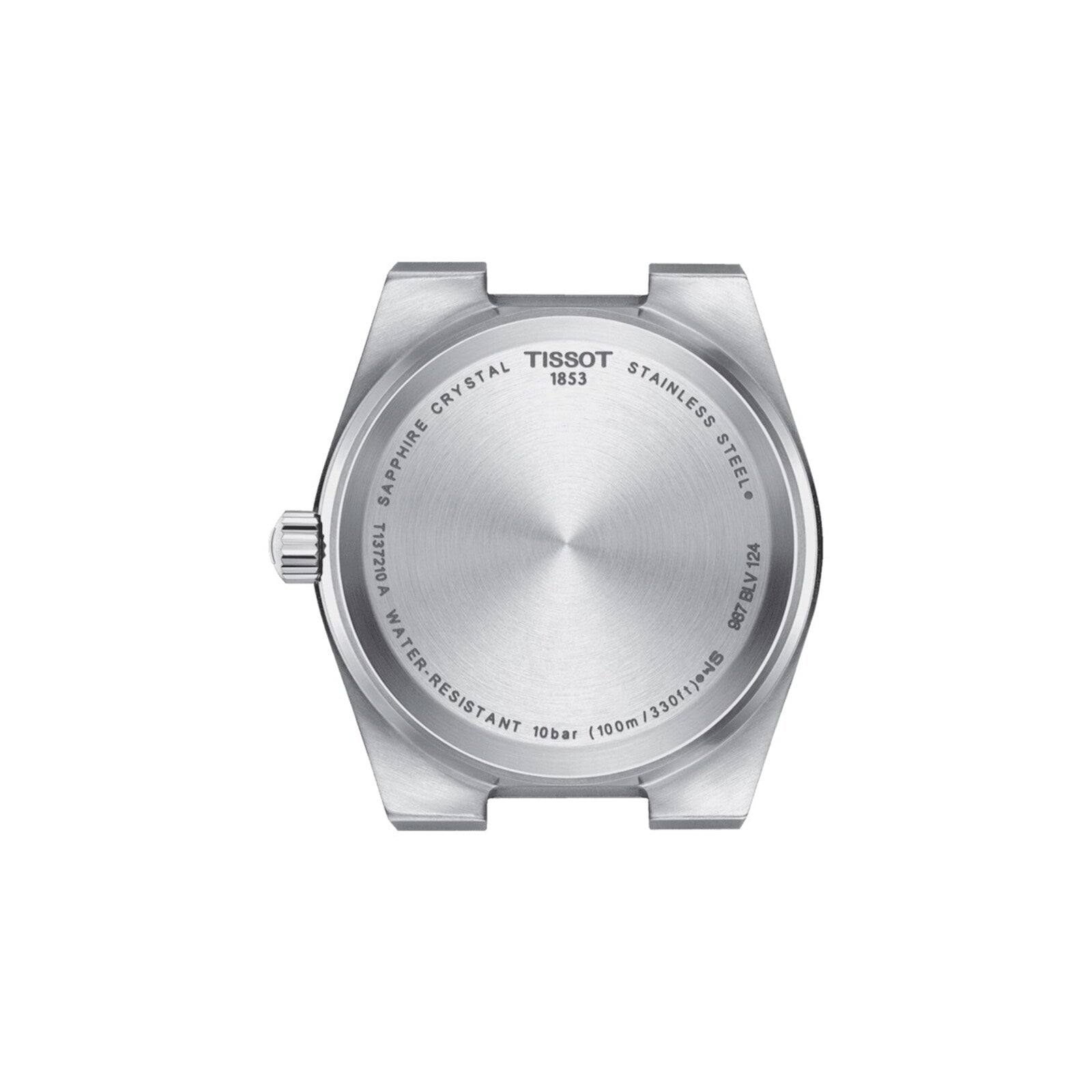 Back view of the Tissot PRX watch case displays engraved brand, model, water resistance, material, and sapphire crystal details—complemented by a stainless steel bracelet for timeless style.