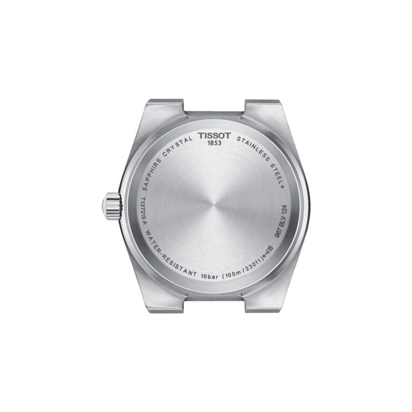Back view of the Tissot PRX watch case displays engraved brand, model, water resistance, material, and sapphire crystal details—complemented by a stainless steel bracelet for timeless style.
