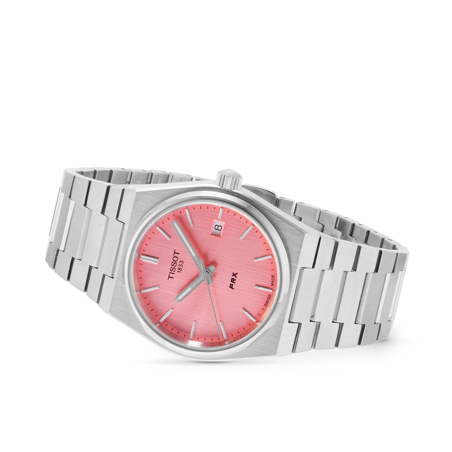 The Tissot PRX is a retro watch with a stainless steel bracelet, pink dial, silver hour markers, and date display—all presented against a white background.