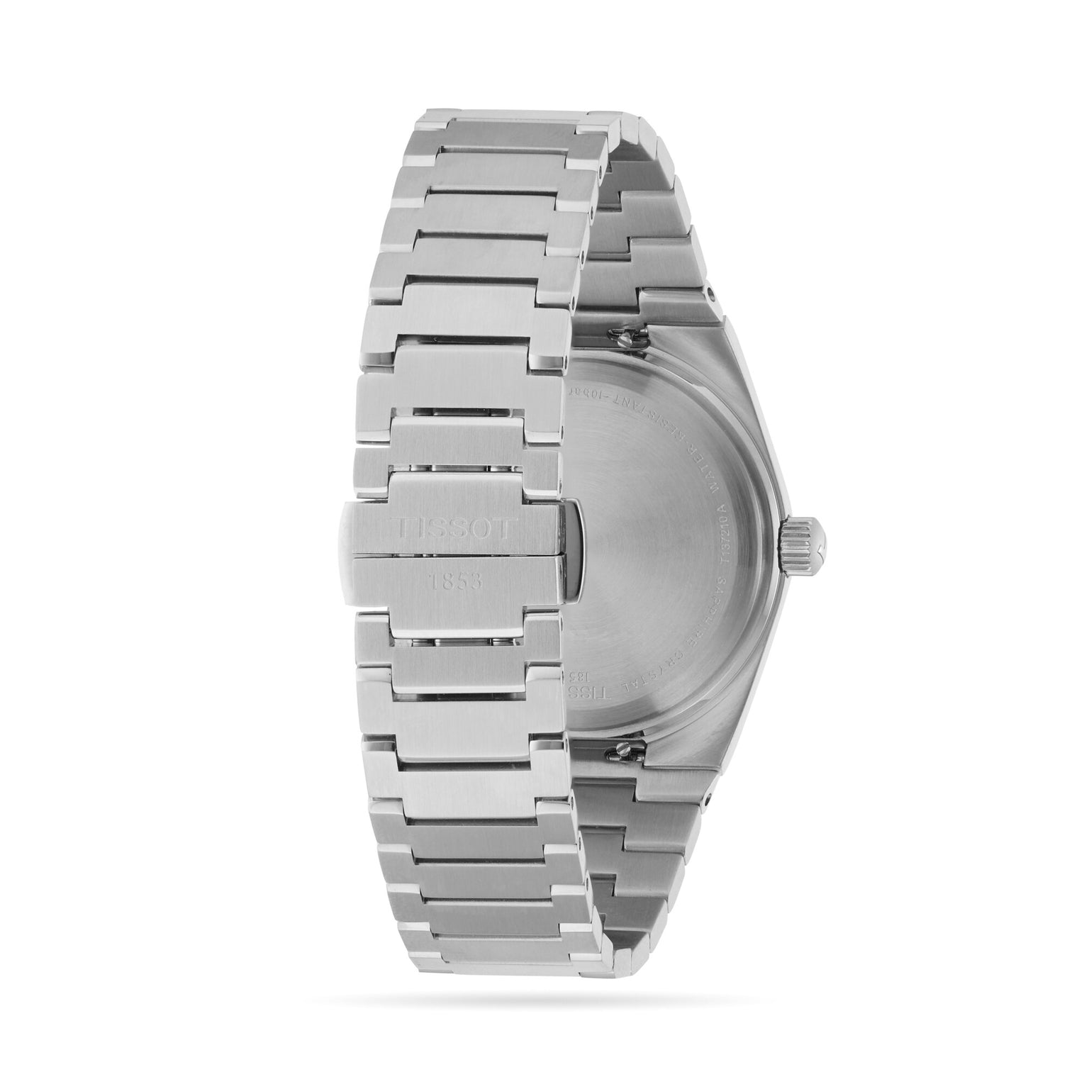 A stainless steel Tissot PRX wristwatch shown from the back highlights its sleek bracelet and engraved Tissot logo on the clasp—a signature detail of this classic timepiece.