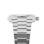 Close-up of the Tissot PRX watch with a stainless steel bracelet and side view showing the crown, set against a white background.