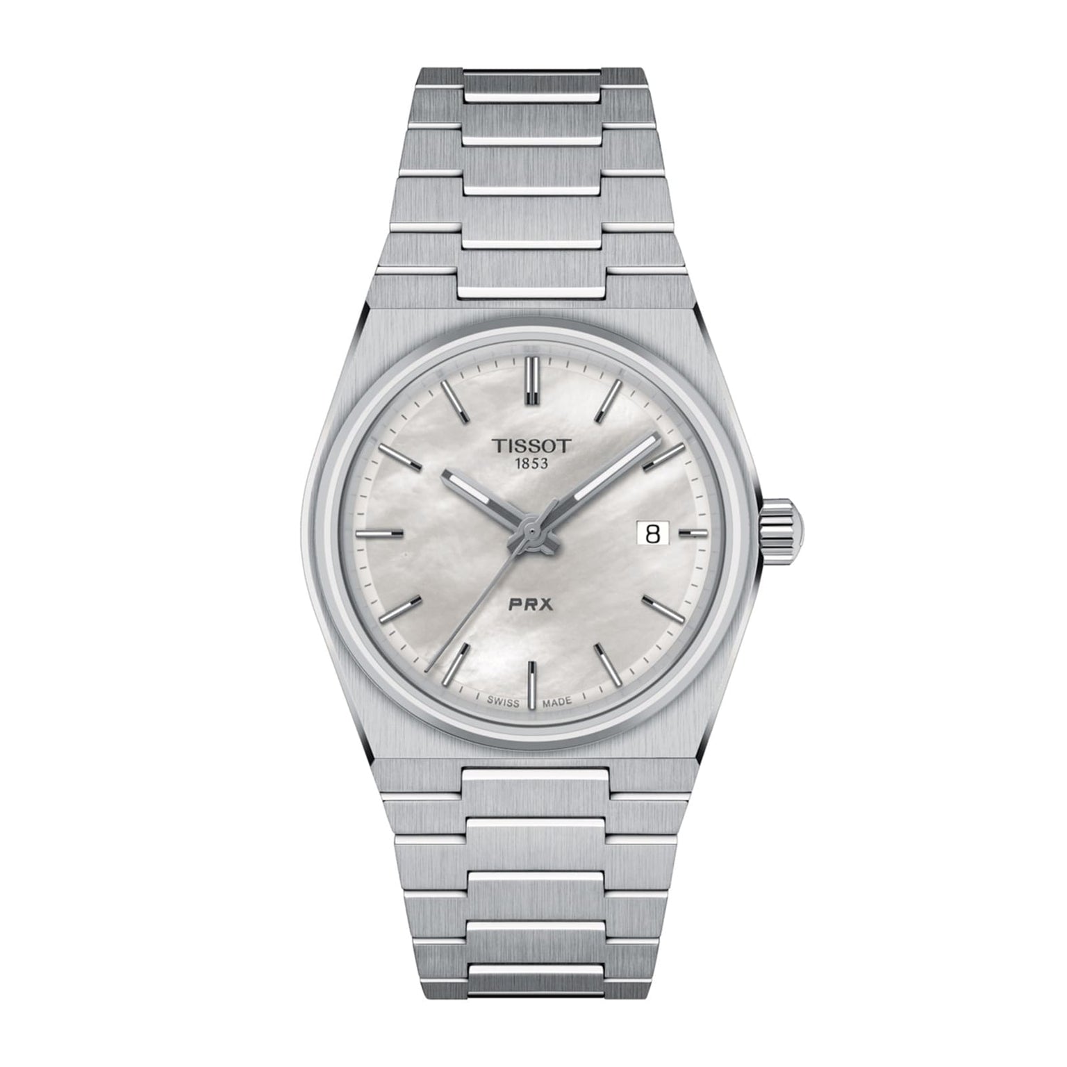 Tissot PRX wristwatch featuring a sleek metal band and a white date display dial.
