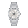 Tissot PRX wristwatch featuring a sleek metal band and a white date display dial.