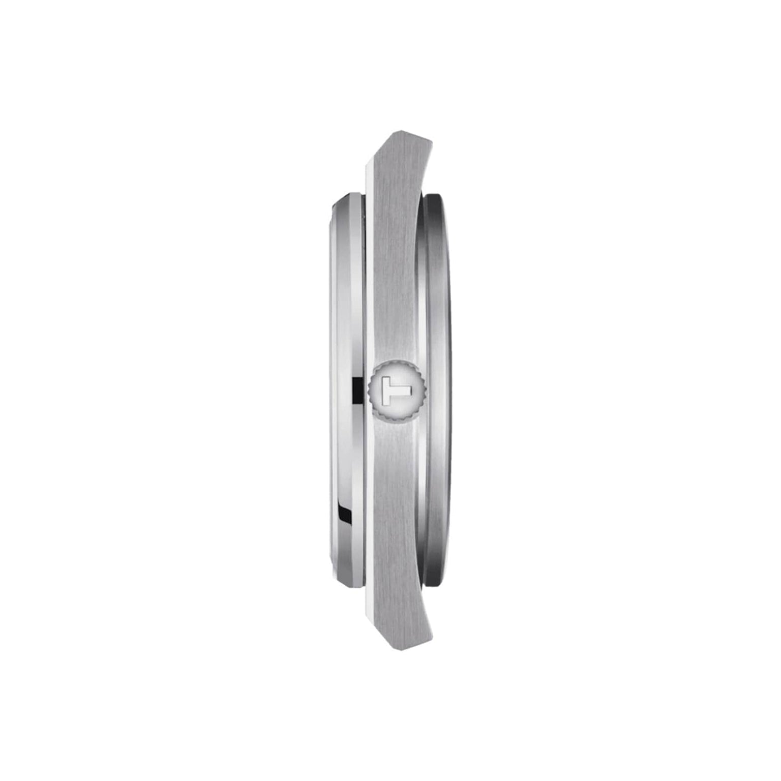 Side view of the Tissot PRX Powermatic 80 wristwatch featuring a round case, flat bezel, logo crown, and stainless steel bracelet, displayed against a plain white background.
