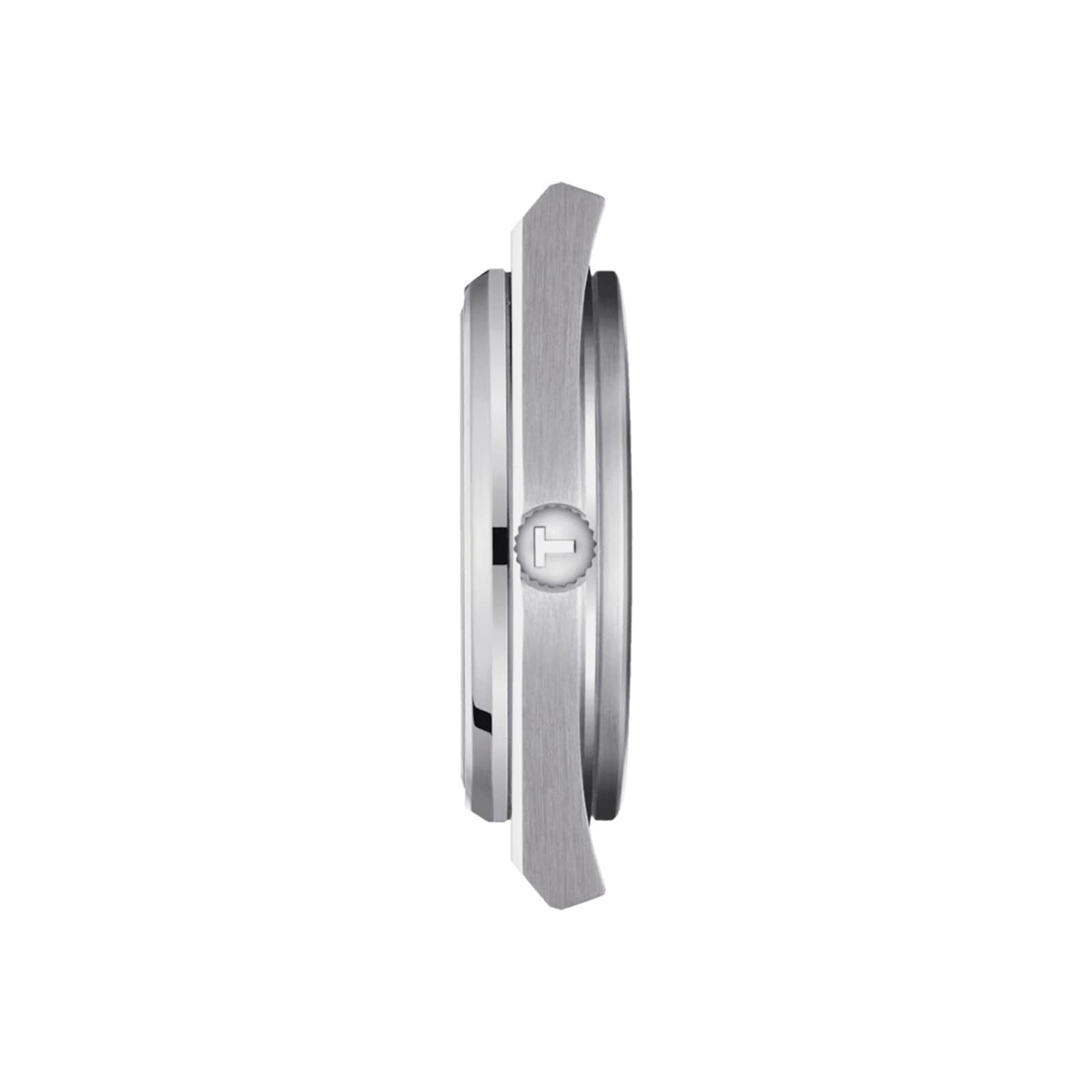 Side view of the Tissot PRX Powermatic 80 wristwatch featuring a round case, flat bezel, logo crown, and stainless steel bracelet, displayed against a plain white background.