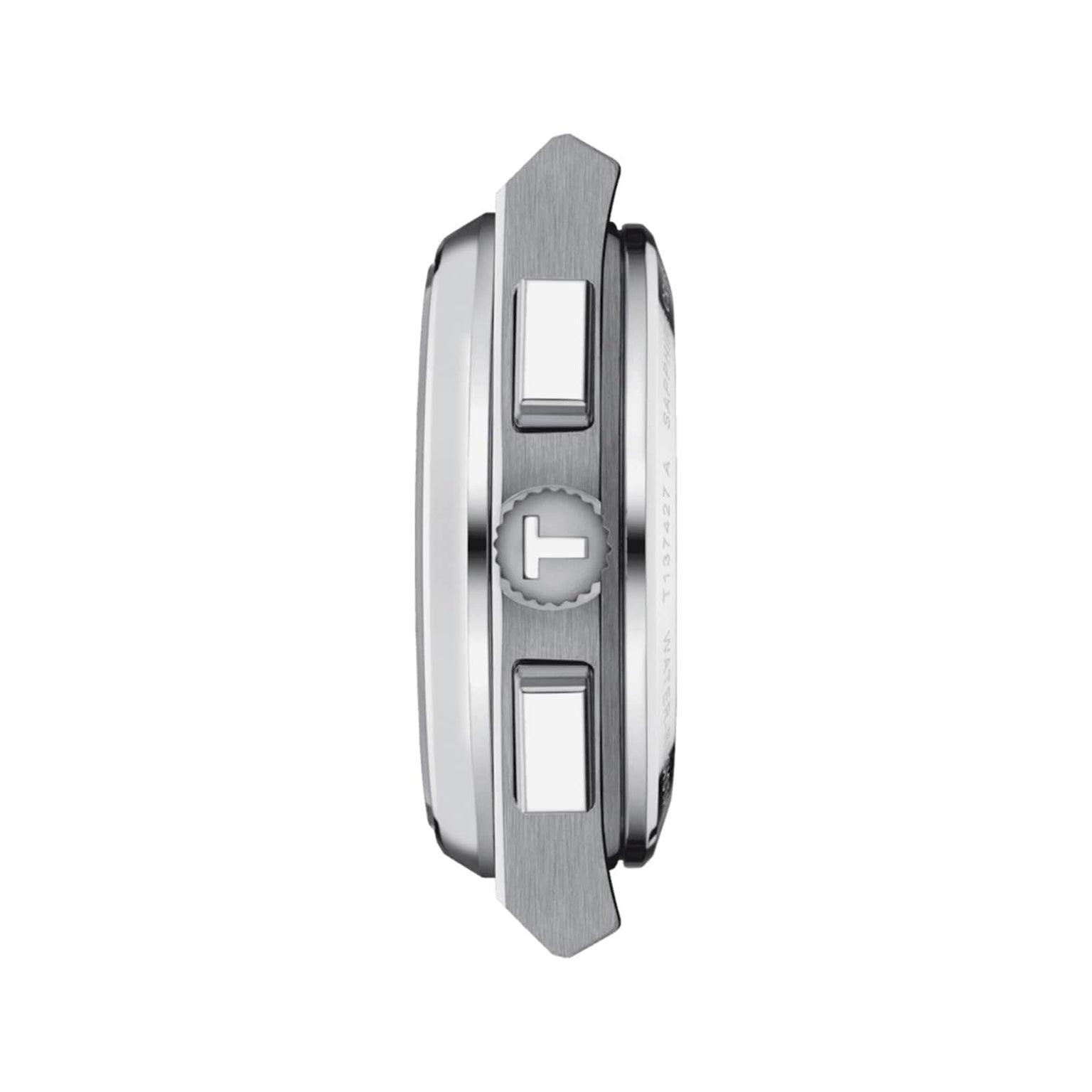 Side view of the Tissot PRX Automatic Chronograph case showcasing two rectangular pushers and a crown with engraved logo, highlighting this sleek sports watch against a plain white background.