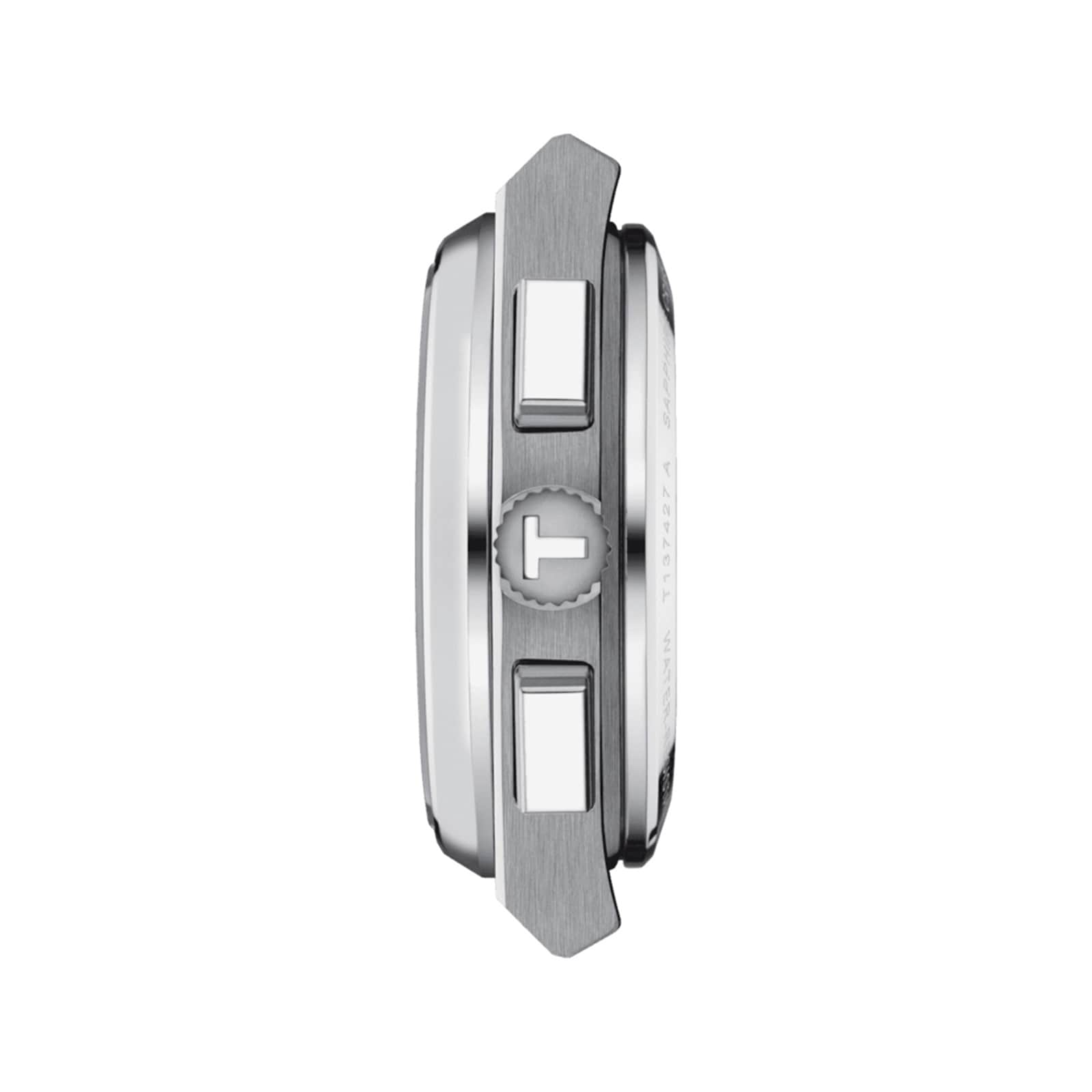 Side view of the Tissot PRX Automatic Chronograph case showcasing two rectangular pushers and a crown with engraved logo, highlighting this sleek sports watch against a plain white background.