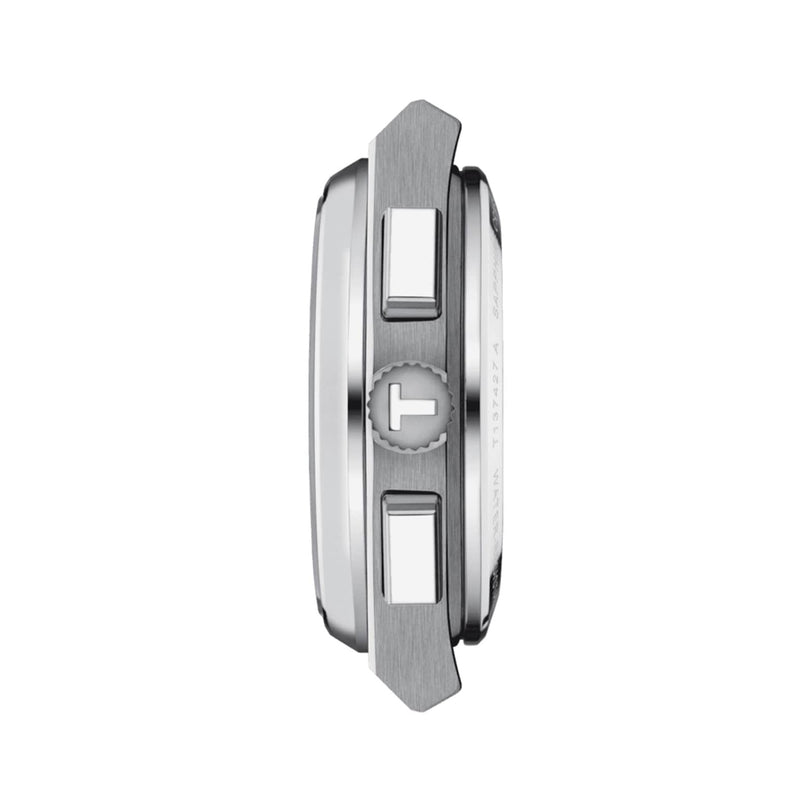 Side view of the Tissot PRX Automatic Chronograph case showcasing two rectangular pushers and a crown with engraved logo, highlighting this sleek sports watch against a plain white background.