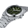 The Tissot PRX Automatic Chronograph features a stainless steel case, green textured dial with three subdials, date display, and metal bracelet.