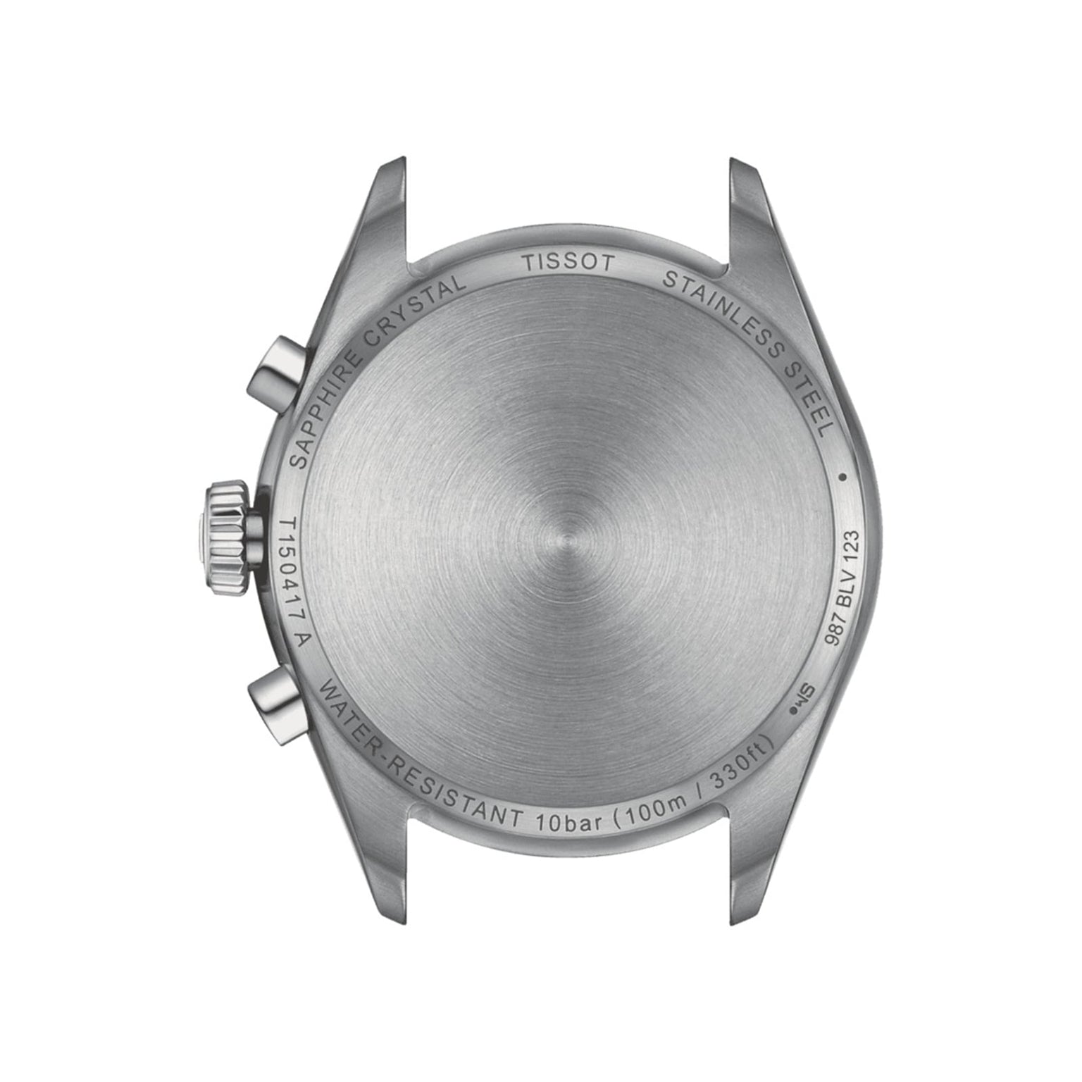The back of the Tissot PR 100 Chronograph’s stainless steel case displays engravings for its model number, water resistance, sapphire crystal, and brand name—showcasing hallmark details of Tissot’s refined sporty chronographs.