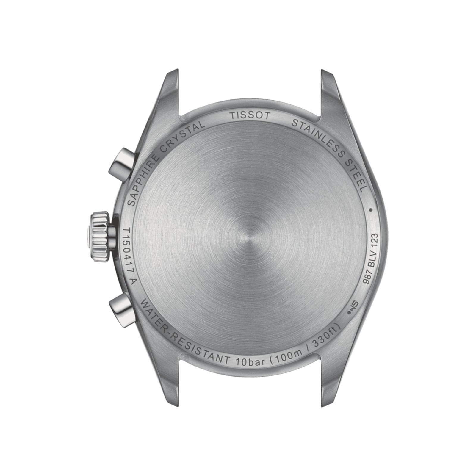The back of the Tissot PR 100 Chronograph’s stainless steel case displays engravings for its model number, water resistance, sapphire crystal, and brand name—showcasing hallmark details of Tissot’s refined sporty chronographs.