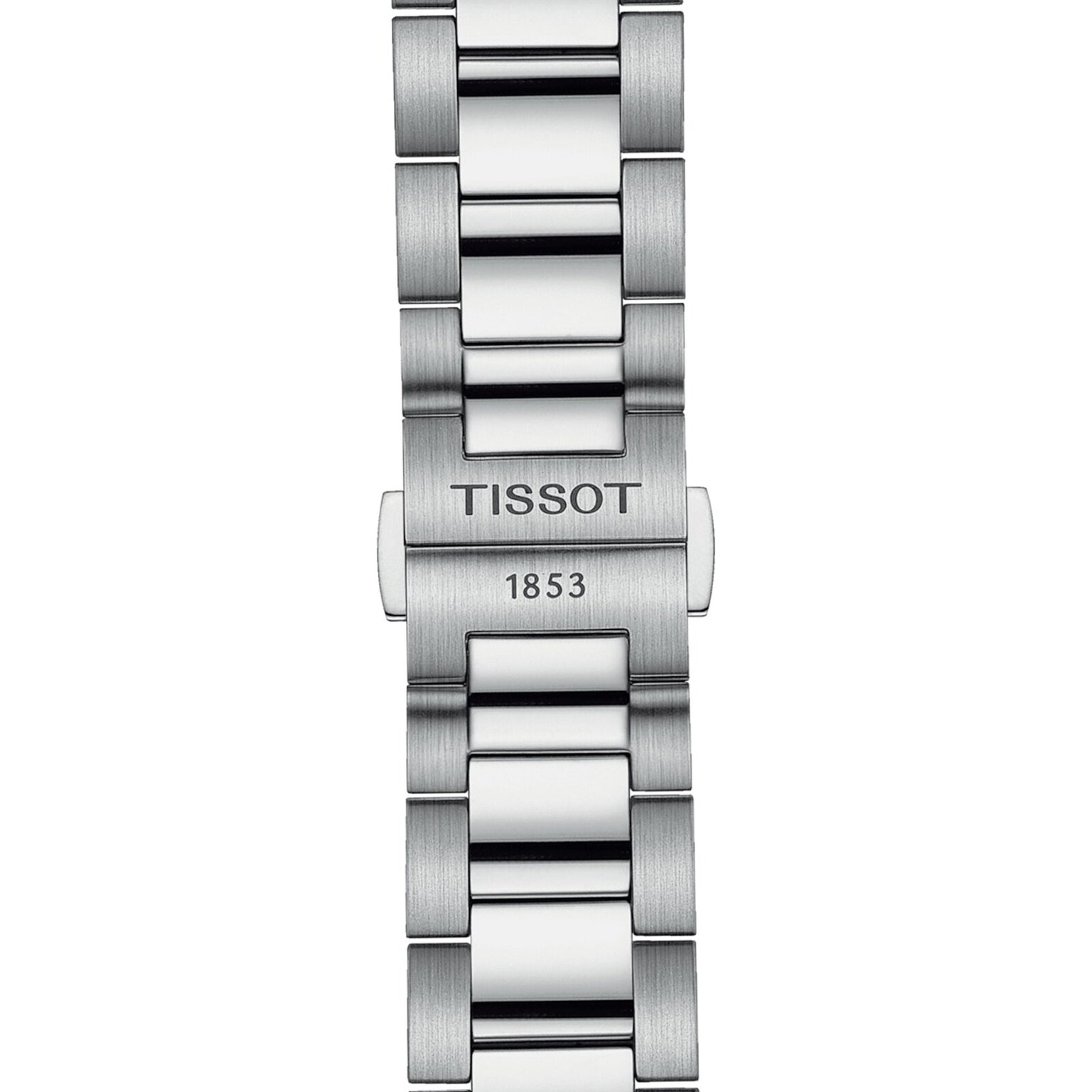 A silver metal watch band by Tissot, featuring 1853 on the clasp, designed to complement sporty timepieces like the PR 100 Chronograph and other quartz chronographs.