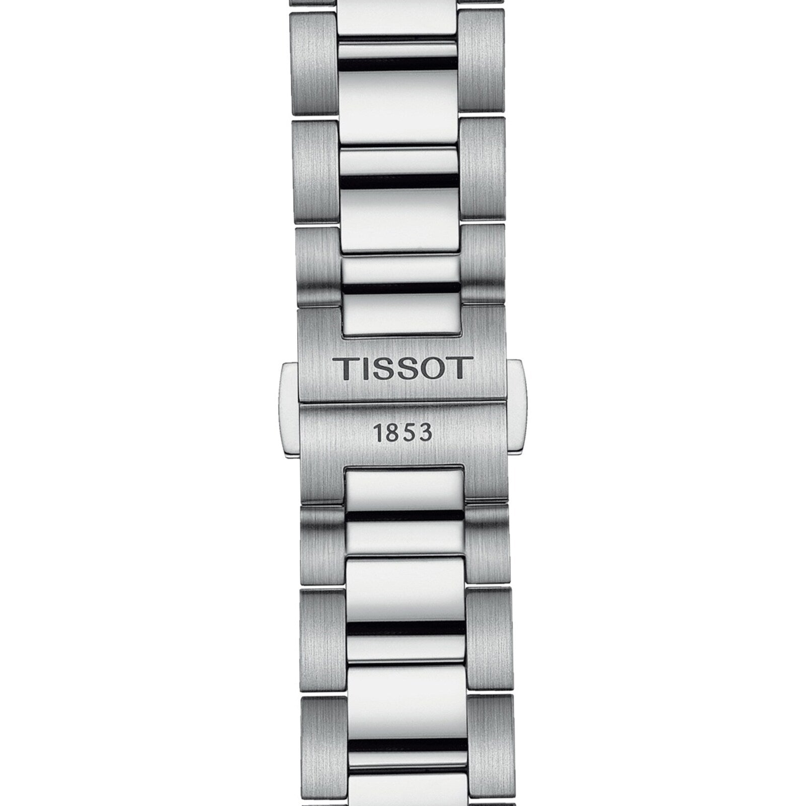 A silver metal watch band by Tissot, featuring 1853 on the clasp, designed to complement sporty timepieces like the PR 100 Chronograph and other quartz chronographs.