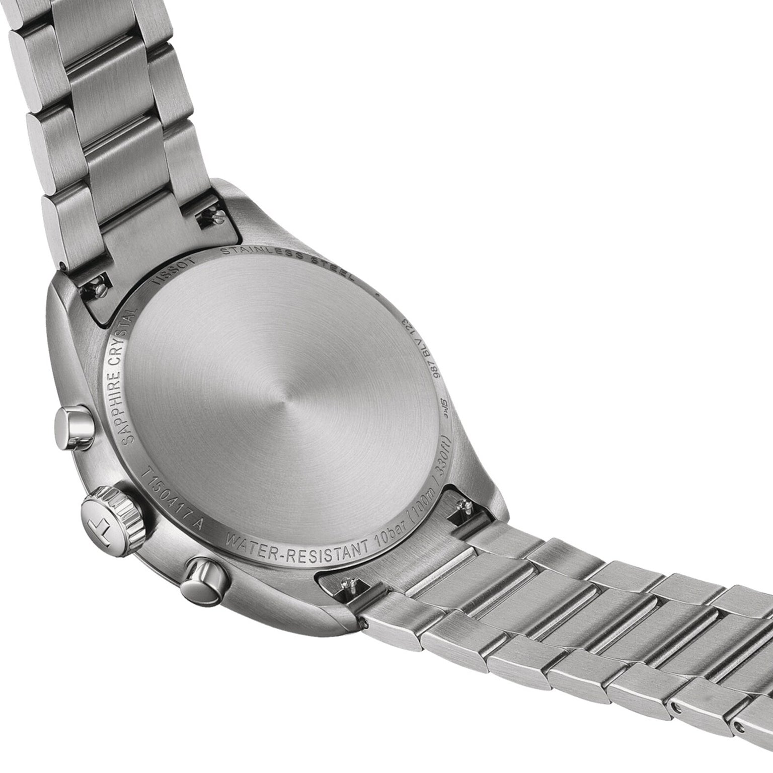 Close-up of the Tissot PR 100 Chronograph’s stainless steel back, showing its metal case, screw-down caseback, and linked bracelet—classic sporty details of this quartz chronograph.