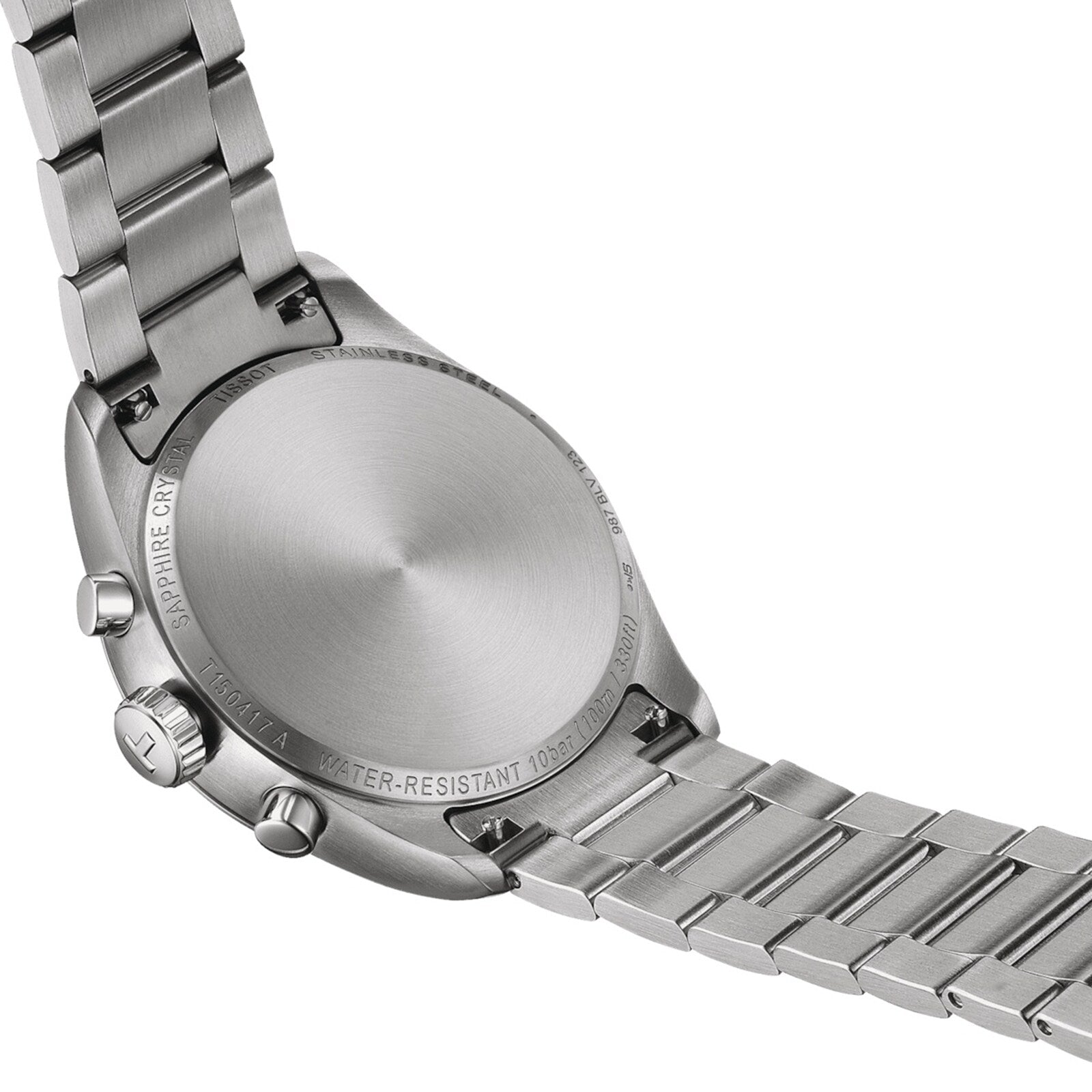 Close-up of the Tissot PR 100 Chronograph’s stainless steel back, showing its metal case, screw-down caseback, and linked bracelet—classic sporty details of this quartz chronograph.