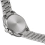 Close-up of the Tissot PR 100 Chronograph’s stainless steel back, showing its metal case, screw-down caseback, and linked bracelet—classic sporty details of this quartz chronograph.