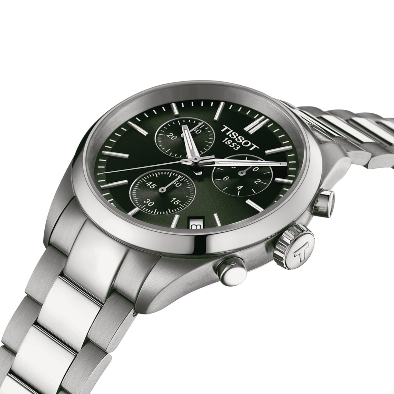 The Tissot PR 100 Chronograph is displayed at an angle, featuring a black dial with three subdials, baton hour markers with Super-LumiNova®, a stainless steel case, and a silver link bracelet—a distinctive sporty wristwatch.