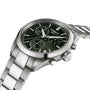 The Tissot PR 100 Chronograph is displayed at an angle, featuring a black dial with three subdials, baton hour markers with Super-LumiNova®, a stainless steel case, and a silver link bracelet—a distinctive sporty wristwatch.